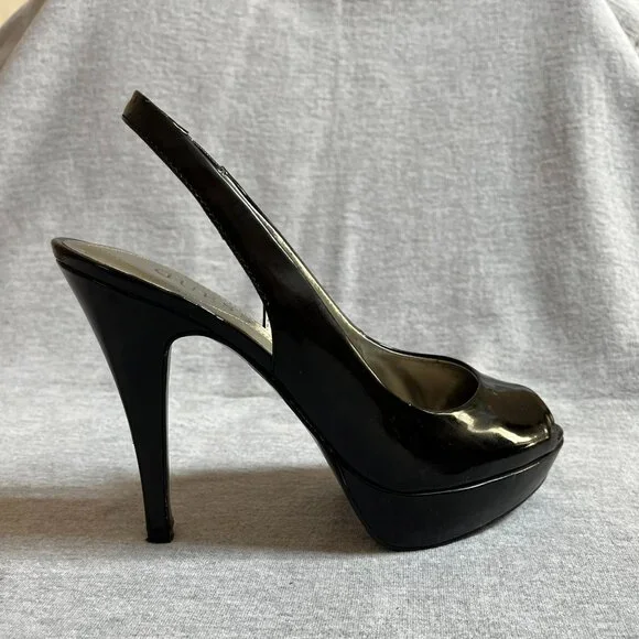 Guess Black Patent Leather Peep Toe Platform Heels.  Size 7M - Picture 3 of 12